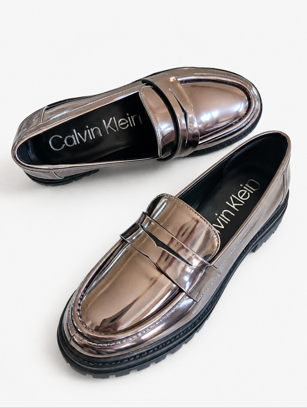 Calvin Klein Metallic Penny Loafers Chunky Lug Sole Women’s Size 7 NWOB